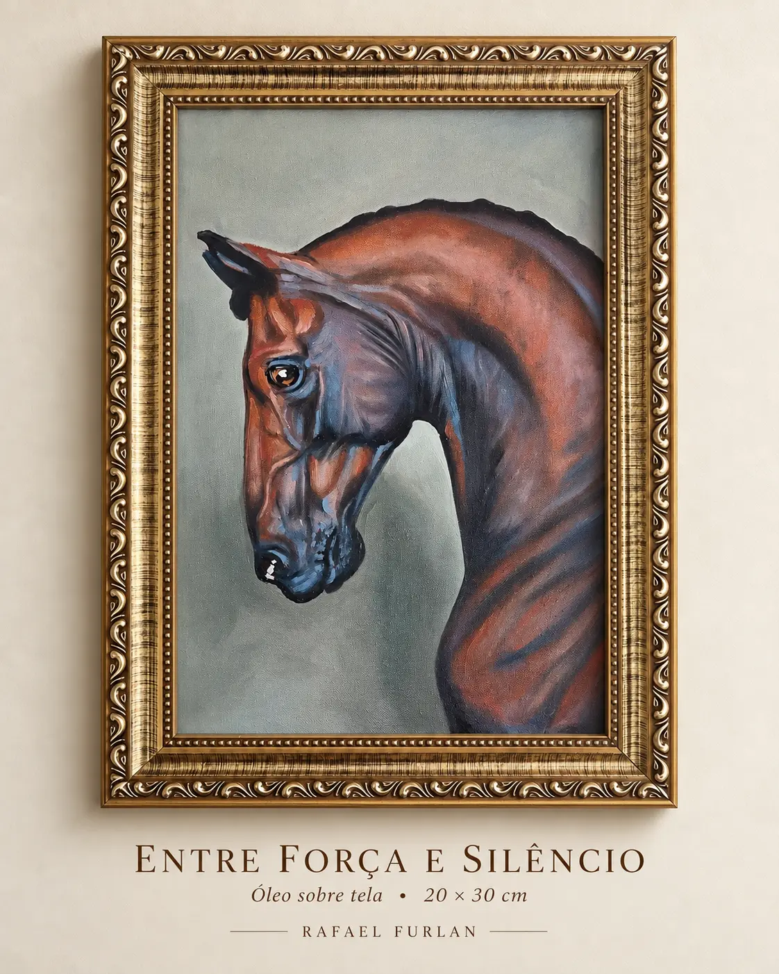 Entre Força e Silêncio: pintura de um cavalo em moldura dourada, com título e informações na fotografia original